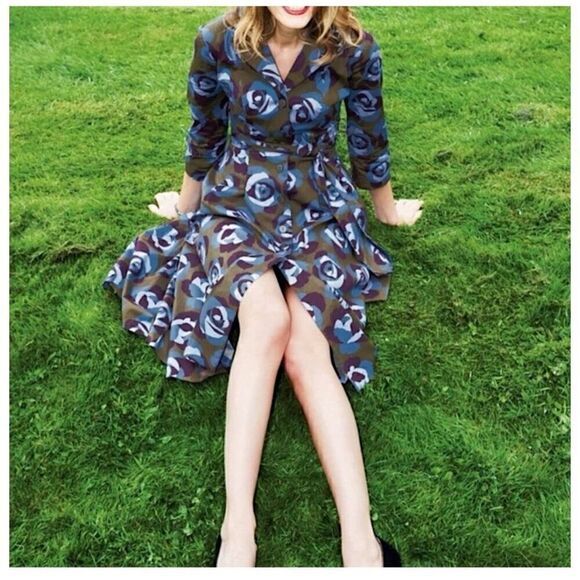 Boden Women’s Riviera Olive Green Rose Floral Print Button Down Waist Tie Shirt - Picture 1 of 13